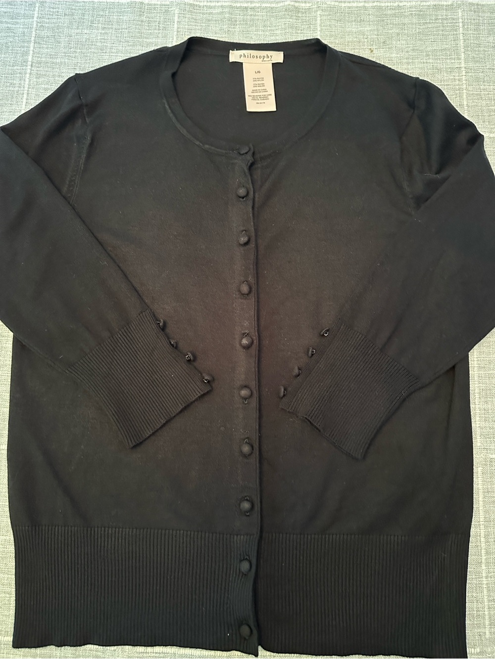 Philosophy Black Button Up Knit Cardigan with Covered Button Cuffs,  Size Large